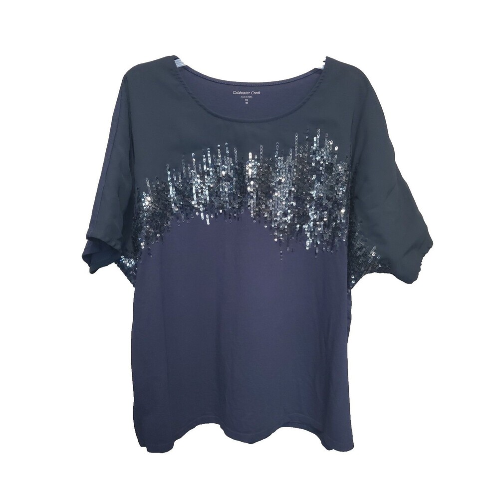 Coldwater Creek Navy with Black Overlay Sequined Dolman Sleeve Top Size 1X